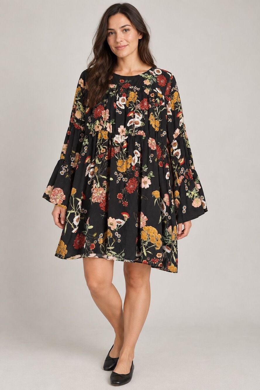 H&M Black Floral Babydoll Swing Dress Bell Sleeve Boho Viscose US 12